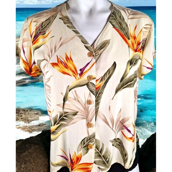 Vtg Womens Paradise Found Made n Hawaii Blouse Shirt Tropical Bird Of Paradise S - Picture 1 of 8
